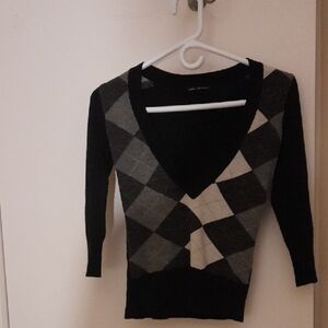 Black and Gray Argyle V-Neck Sweater